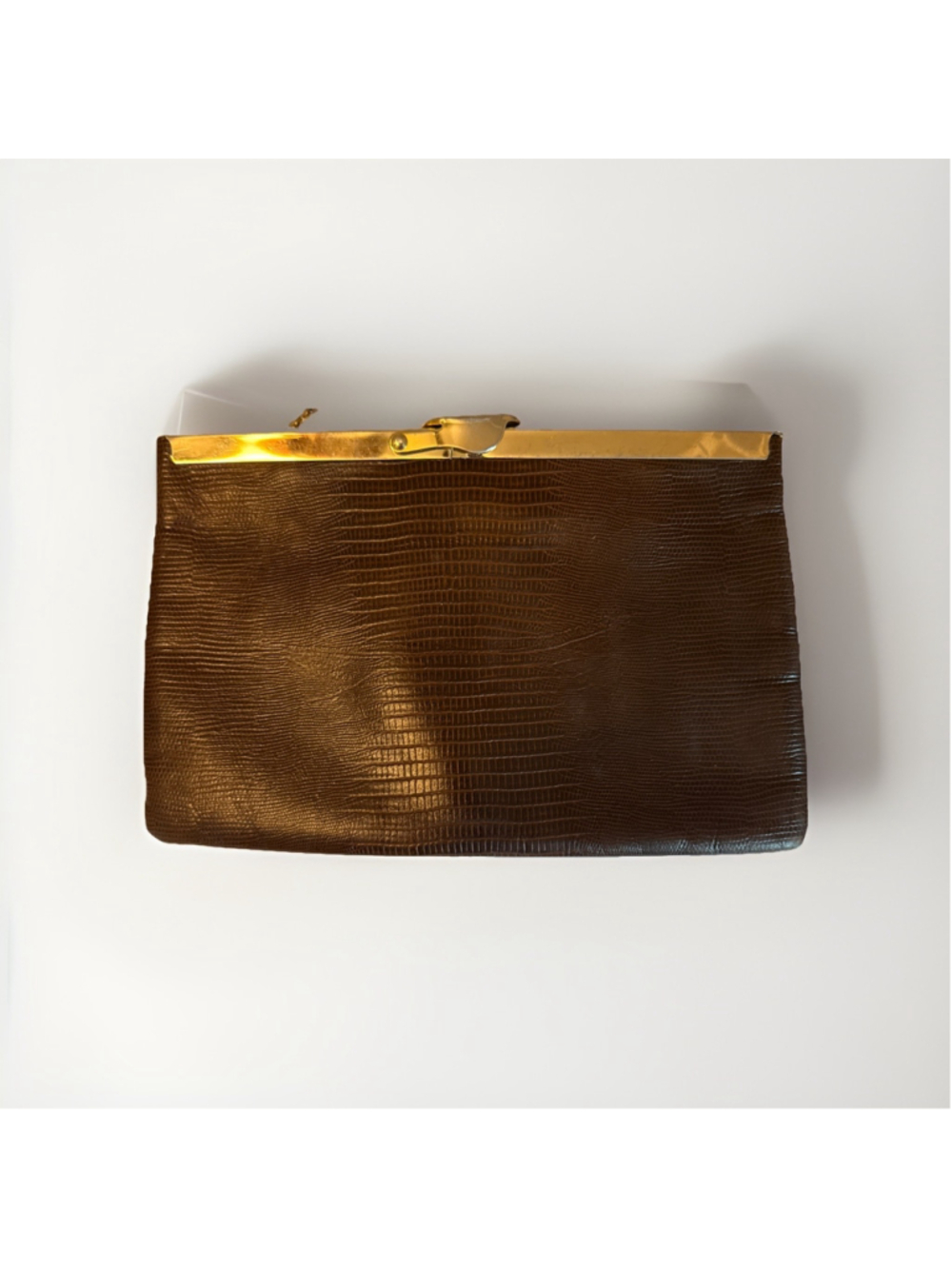 Vintage Etra Leather Lift Clasp Clutch with Chain Bag, Clean Lizard Embossed EUC - Picture 5 of 8